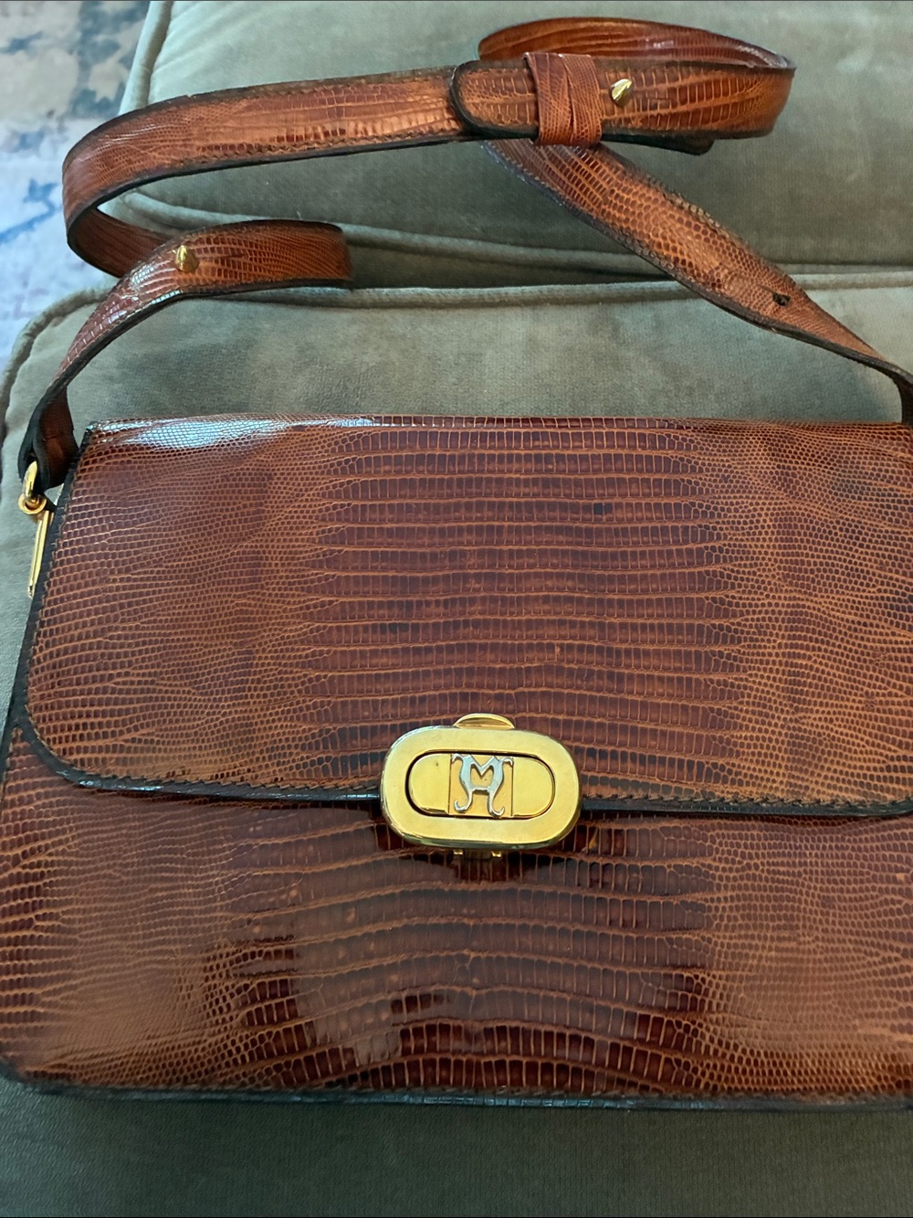 Vintage Brown Lizard Leather Shoulder Bag with Gold Turn-Lock